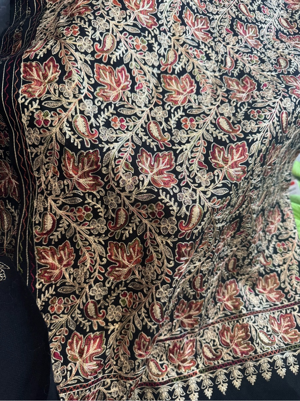 Embroidered Wool Floral Black Shawl with Gold and Red Threadwork